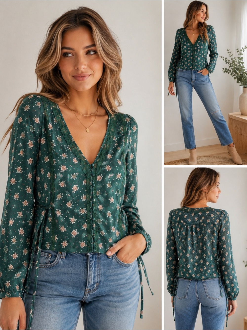 Free People NWT Green Floral Lace Trim Side Tie Blouse Top Med Boho Cottagecore